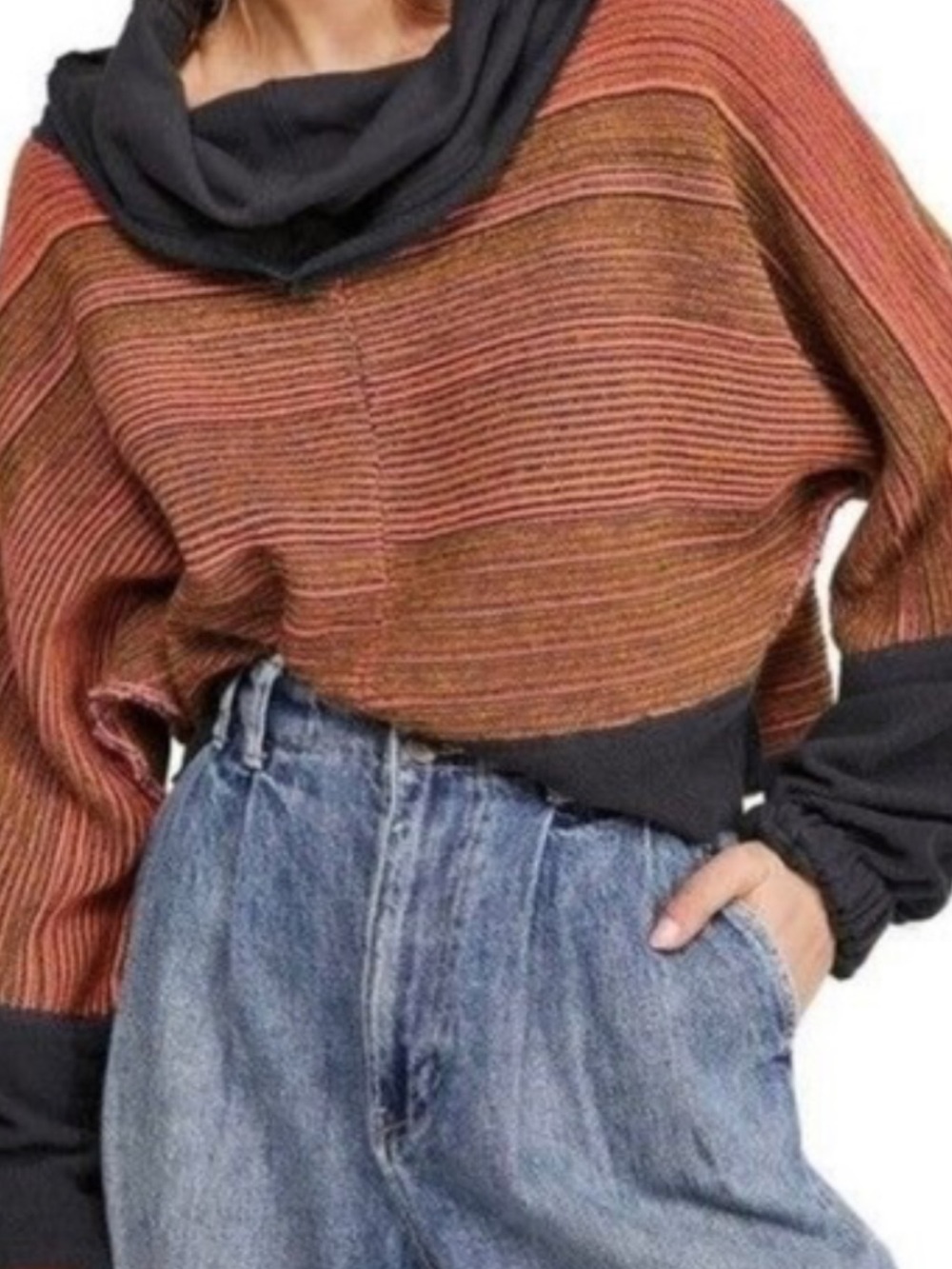 Free People muted Rust and Black Striped Cowl Sweater